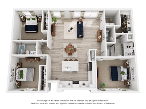 Floor plan for 3 beds, 2 baths, 1369 sqft